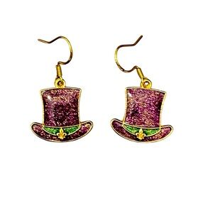 Mardi Gras Theme Top Hat Dangle Earrings